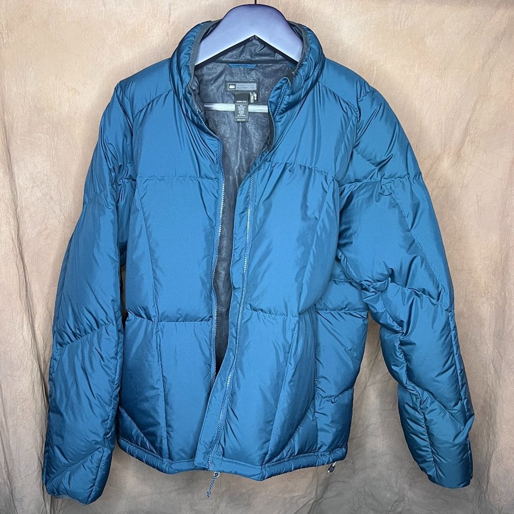 REI Puffer Jacket Goose Down Blue/Turquoise with Zip In feature size MENS 2XL